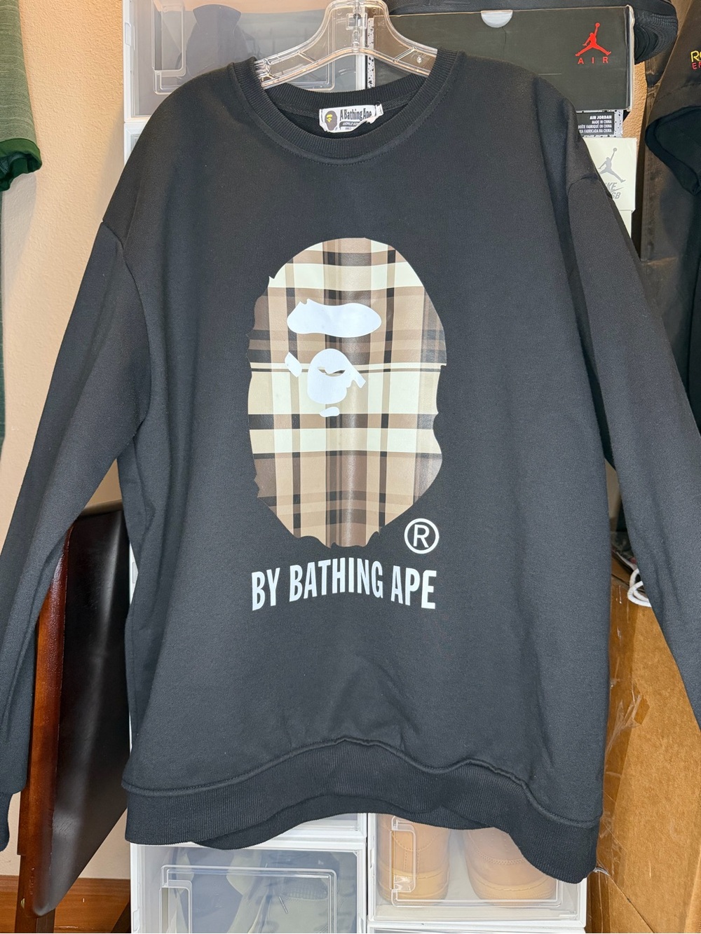 USED BAPE Check Big Ape Head Black Crewneck Sweatshirt